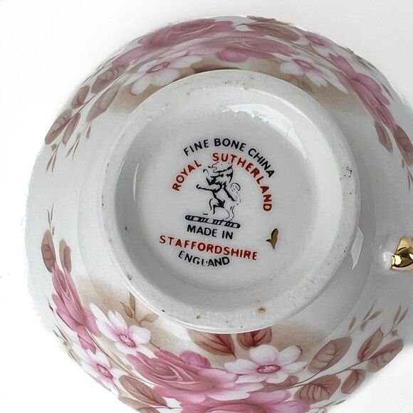 Tea Cup Royal Sutherland Bone China Pink Roses Gold Trim Textured Rim England - Picture 3 of 7